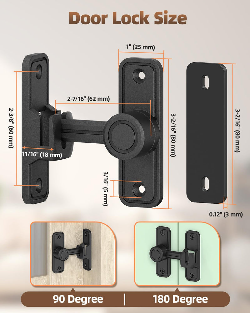 Heavy-Duty Barn Door Lock & Sliding Door Lock, 90/180° Flip Privacy Latch - Extra Thick Zinc Alloy for Bathroom, Bedroom, Shed, Cabinets, Garden Gate, Pet House. Includes Screws & Spacer (Black-1PC) Black-1PC