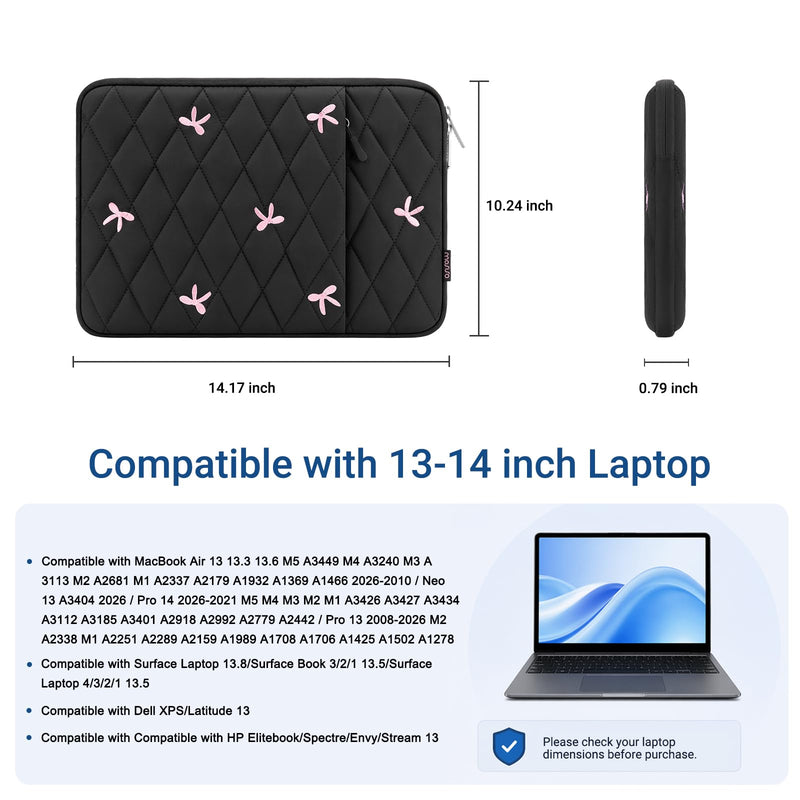 MOSISO Laptop Case 13.3 inch, 13-13.3 inch Laptop Sleeve Bag with Pocket | Compatible with MacBook Neo 13/Air 13.6/Pro 13/14, HP Dell ASUS Lenovo,Rhombus Bowknot Quilted Bag with Vertical Pocket,Black