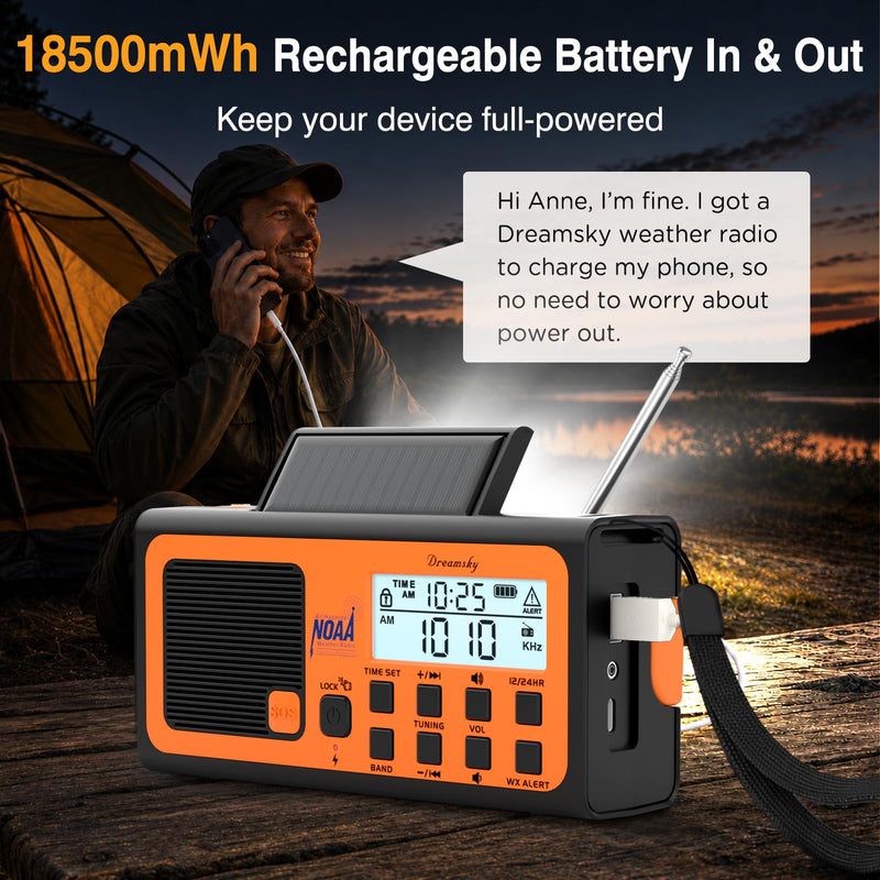 DreamSky Emergency Radio NOAA Weather Alert with Hand Crank | Radio Portable AM FM SW, 18500mWh Rechargeable Battery Operated, Solar Powered, SOS Alarm, Flashlight, Reading Lamp, USB Port Orange