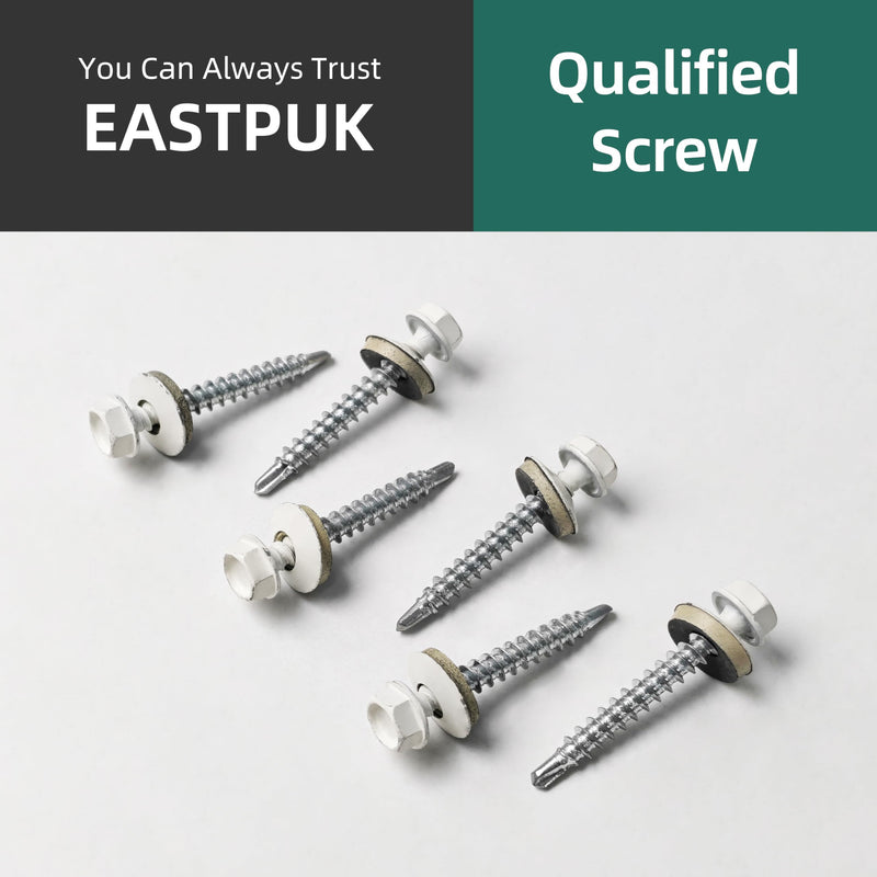 300Pcs #10 x 1-1/2 Inch Hex Head Metal Roofing Screws, WhiteCoated Hex Head Metal Roof Screws with Rubber Washer, Construction Self Tapping Screw with Hex Socket #10 x 1-1/2" White 300