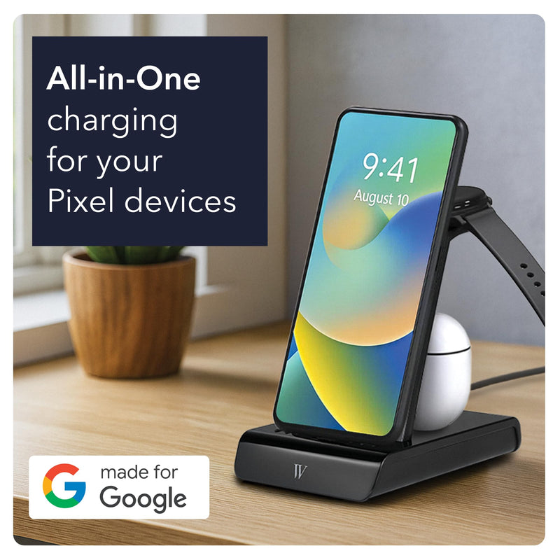 Wasserstein 3-in-1 Wired Charging Station Compatible with Google Pixel, Buds & Watch 4 (41mm & 45mm) - NOT Compatible with Pixel Watch 1, 2 & 3 - Adjustable USB-C Plug - Made for Google