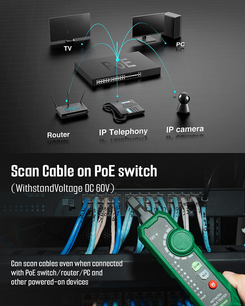 TESMEN TLP-900AR Network Cable Tester, RJ11 RJ45, for CAT5/6/POE/STP, Multi-function Cable Tracer with Pairing, Continuity, QC&NCV, Suitable for Ethernet, Telephone, Wire maintenance and sorting-Green Green