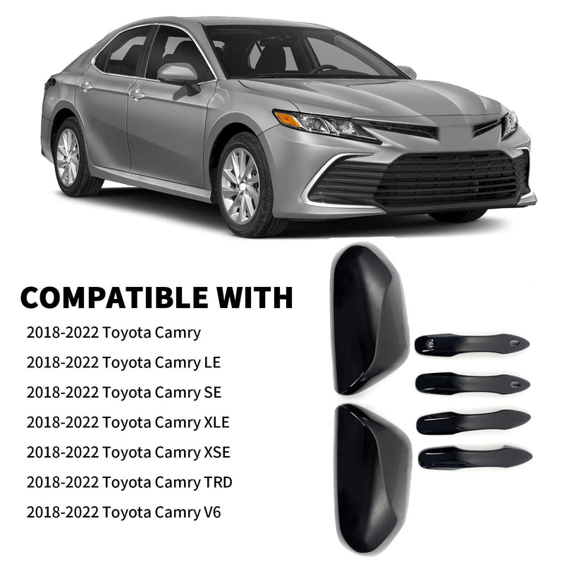 [AUSTRALIA] - Side Door Mirror Cap Cover Trim + 4 Door Handle Cover Trims Smart Compatible with 2018 2019 2021 2022 2023 2024 2025 Toyota Camry Accessories Rearview Mirrors Caps Cover Overlay Glossy Black With Smart Key Holes