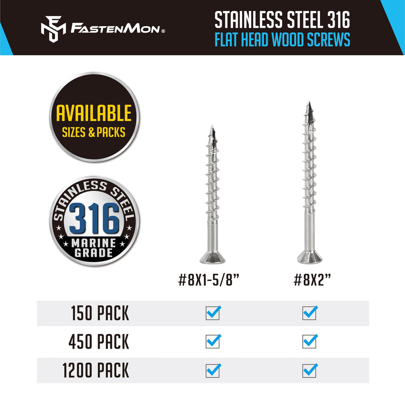 #8x1-5/8 Marine Grade 316 Stainless Steel Deck Screws, 150 PCS, Flat Head T20, Type 17 Point, Rust Resistant, Quick Drive, Strong Grip for Outdoor Wood Projects, Bit Included #8 x 1-5/8"