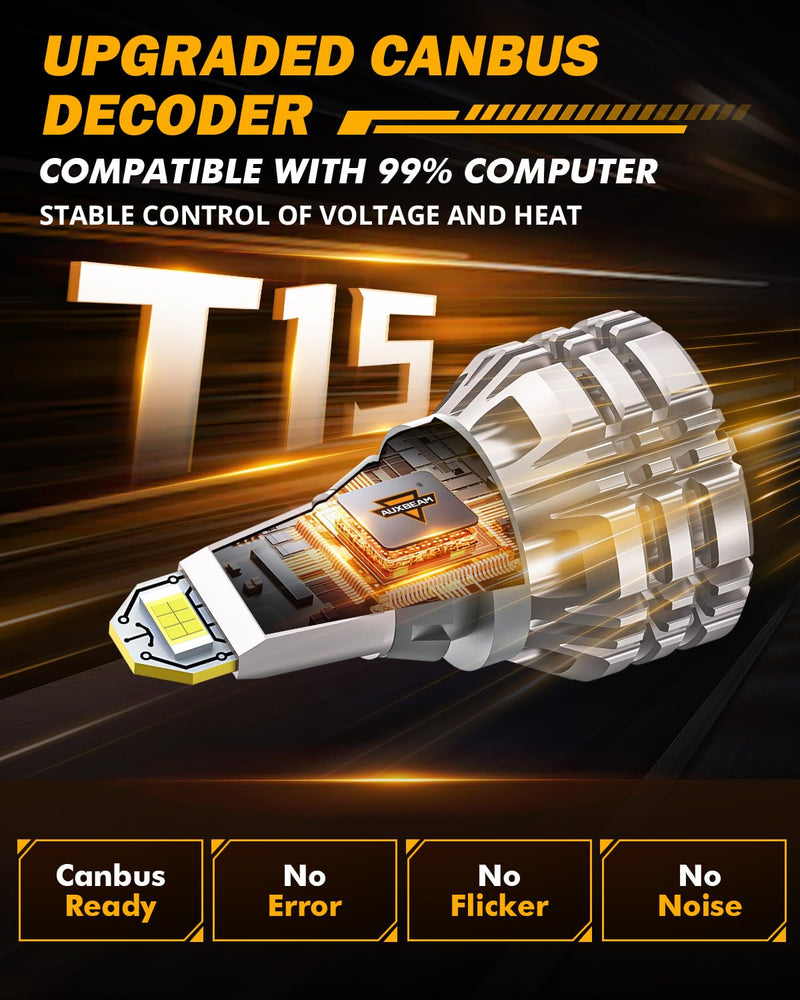 Auxbeam Upgraded 921 Bulb for Backup Reverse Light, 44W 6000 Lumens 500% Extremely Bright 912 W16W T15 Bulbs, Error Free, Pack of 2