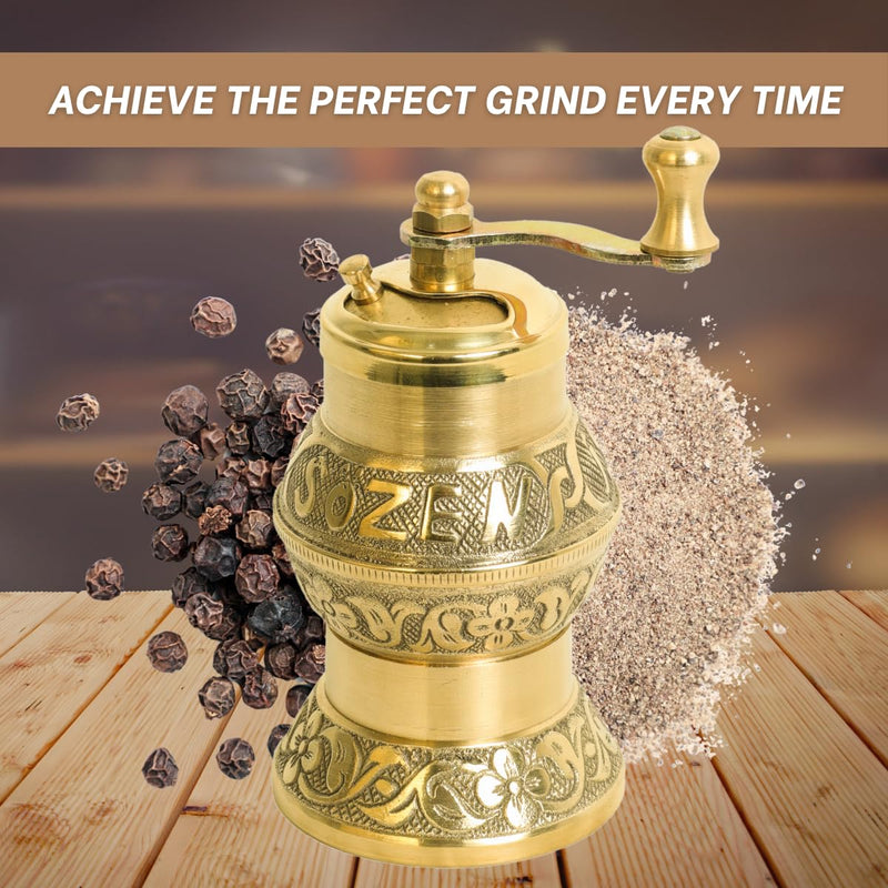 Sozen 4.7" Istanbul Manual Pepper Grinder Brass – Handmade Turkish Pepper Mill, Conical Burr Spice Grinder, Portable Hand Crank Mill for Salt, Peppercorns, and Other Spices with Durable Brass Decor