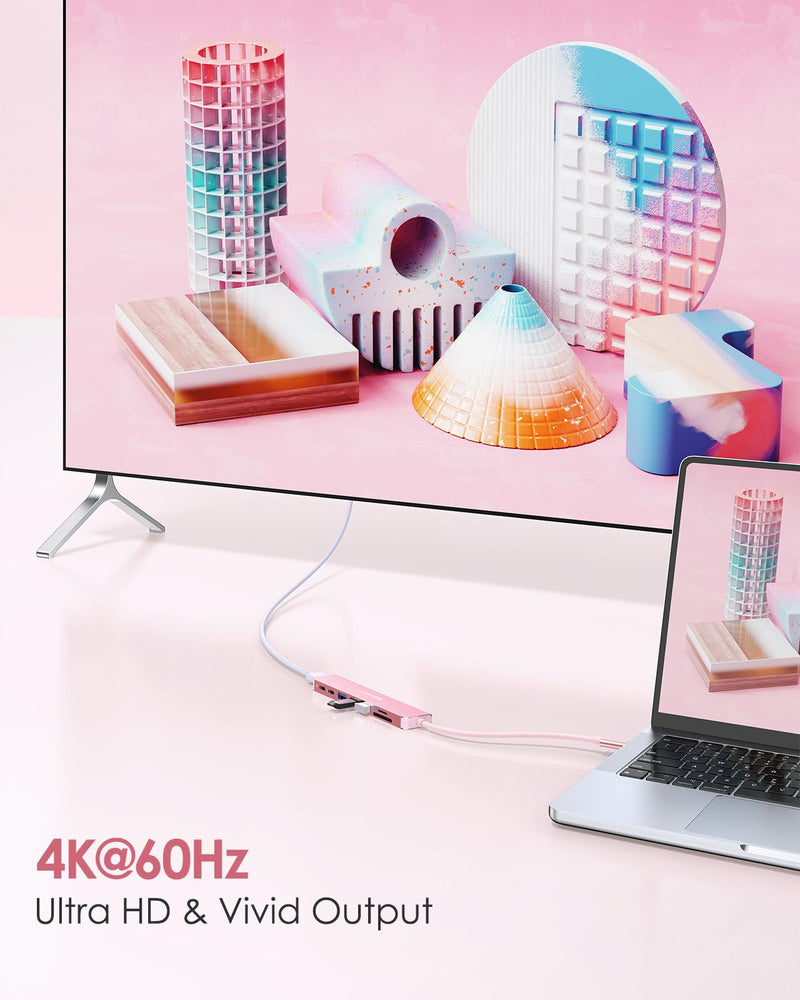 LENTION 8-in-1 USB-C Hub with 4K 60Hz HDMI, 100W Power Delivery, 5Gbps USB C Data, 3 USB 3.0 and microSD & SD Card Reader for 2023-2016 MacBook Pro, New Mac Air/Surface, More (CB-CE18s, Rose Gold)