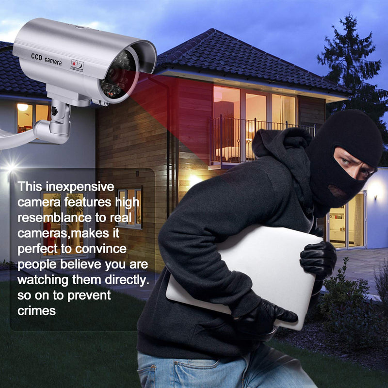 FITNATE Dummy Security Camera, 4 Packs Fake Surveillance Security CCTV Camera System with LED Red Flashing Light for Both Indoor & Outdoor Use + Security Camera Warning Stickers × 4 (Silver)