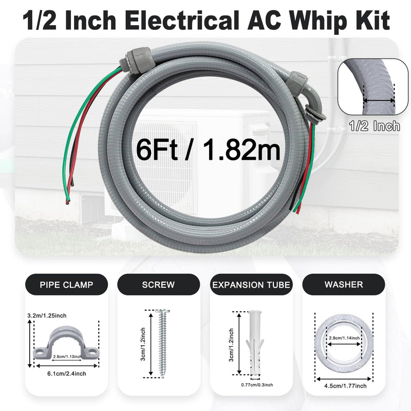 6Ft AC Whip Kit - 1/2" Non-Metallic Liquid Tight Conduit with 10/3 Gauge Wire for Quick-Install Air Conditioner Hook-Up/Heat Pump Units 6 Ft 1/2 Inch + 10 AWG