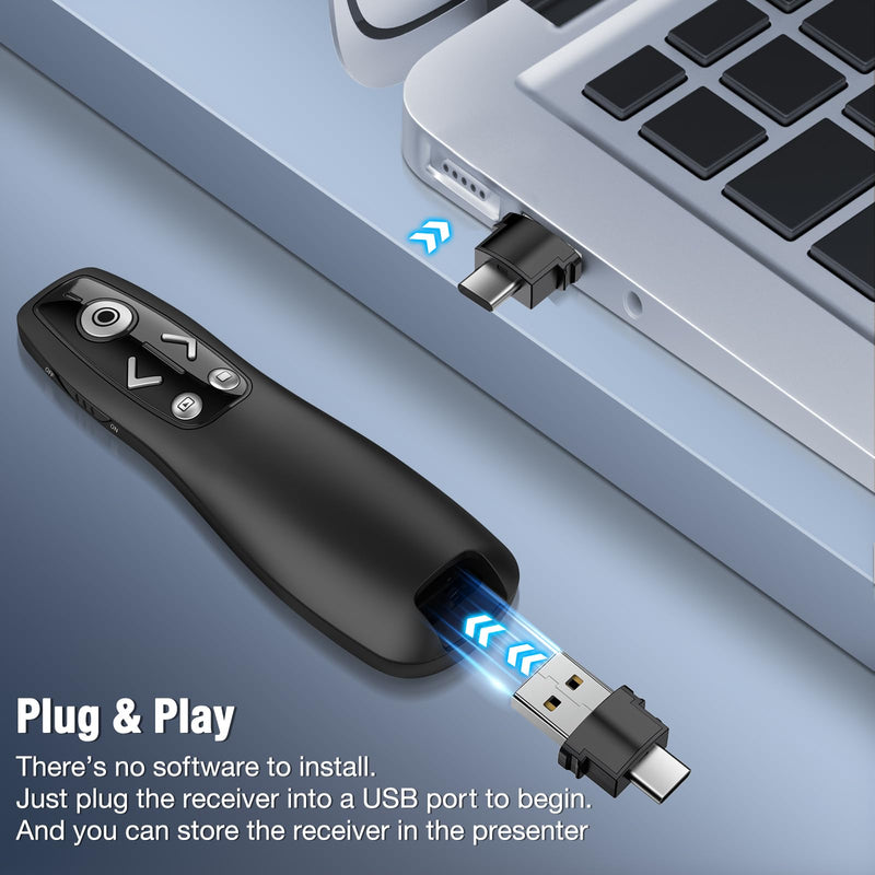 All-in-One Wireless Presentation Clicker with Red Light & Volume Remote Control- USB&Type-C PPT Remote Compatible with Mac/Windows/Laptop/Computer - Ideal for Powerpoint, Business, Classroom USB A/C