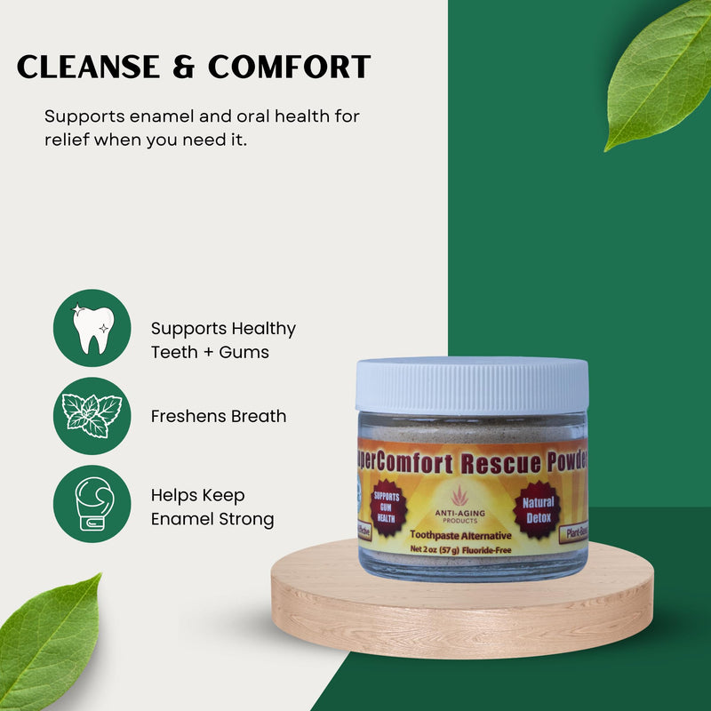 SuperComfort Rescue Teeth & Gum Powder, Natural Herbal Tooth Powder, 2 fl oz Glass Jar, Cardamom Flavor, Toothpaste Alternative for Gums & Enamel Health, Fluoride Free Oral Care, Organic, Non GMO
