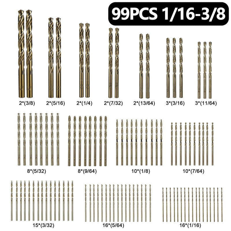 Cobalt Drill Bits Set for Hardened Metal and Stainless Steel, 99Pcs M35 High Speed Steel Twist Jobber Drill Bits 1/16"-3/8", with Plastic Index Storage Case 1/16-3/8 in (99 pcs)