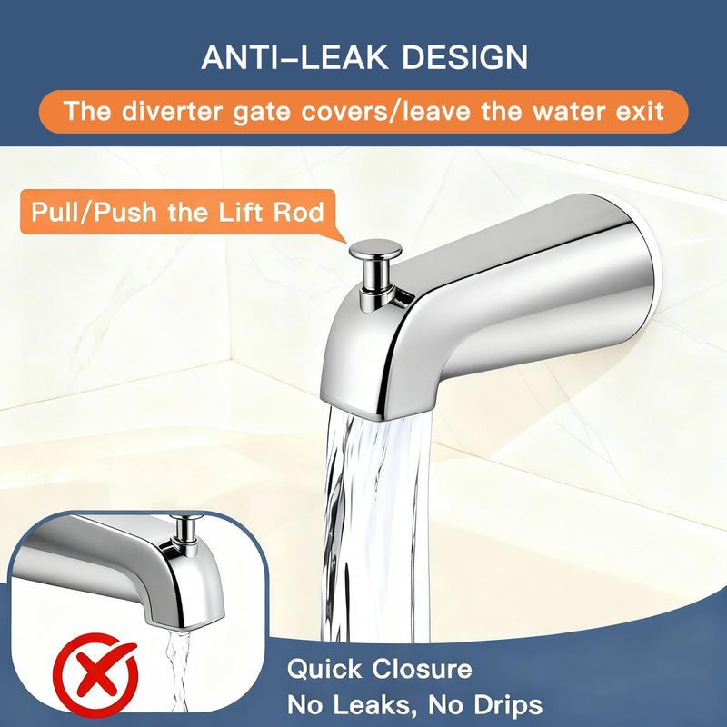 Brushed Nickel Bathtub Spout with Diverter, All Metal,5.3 Inch Tub Spout, Fits 1/2" Copper Slip-On and 1/2" or 3/4" IPS Threaded Pipes, Leak-Free, Slip Fit Tub Spout with Pull-Up Diverter Brushed Nickel