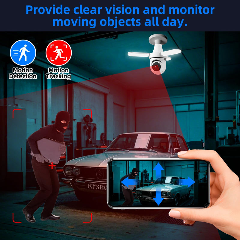 TOWODE Light Bulb Security Camer,LED Light Bulb Camera 3MP HD Smart Garage Security Camera with AI Human Detection,Two-Way Audio,Color Night Vision,Compatible with Alexa（with 64G TFcard） 1