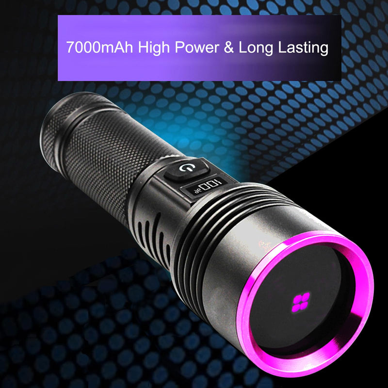 365nm Black Light Flashlight, UV Flashlight 7000 mAh Rechargeable with LCD Display, UV lamp for Pet Urine Detection, Blood Tracking, Scorpion, Uranium Glass, AC Leak 365nm 30W Rechargeable