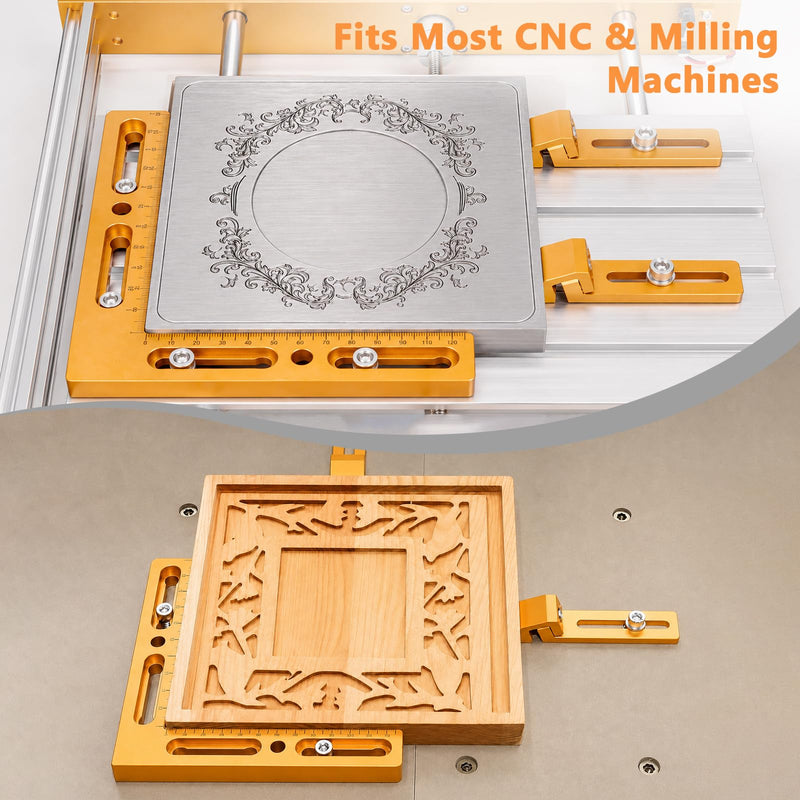 Fuzqq CNC Positioning Side Clamps, Aluminum Low Profile Vise for CNC Router Machines, T-Slot & Perforated Tables Compatible, Repeatable Positioning for Milling, Engraving & Woodworking Orange