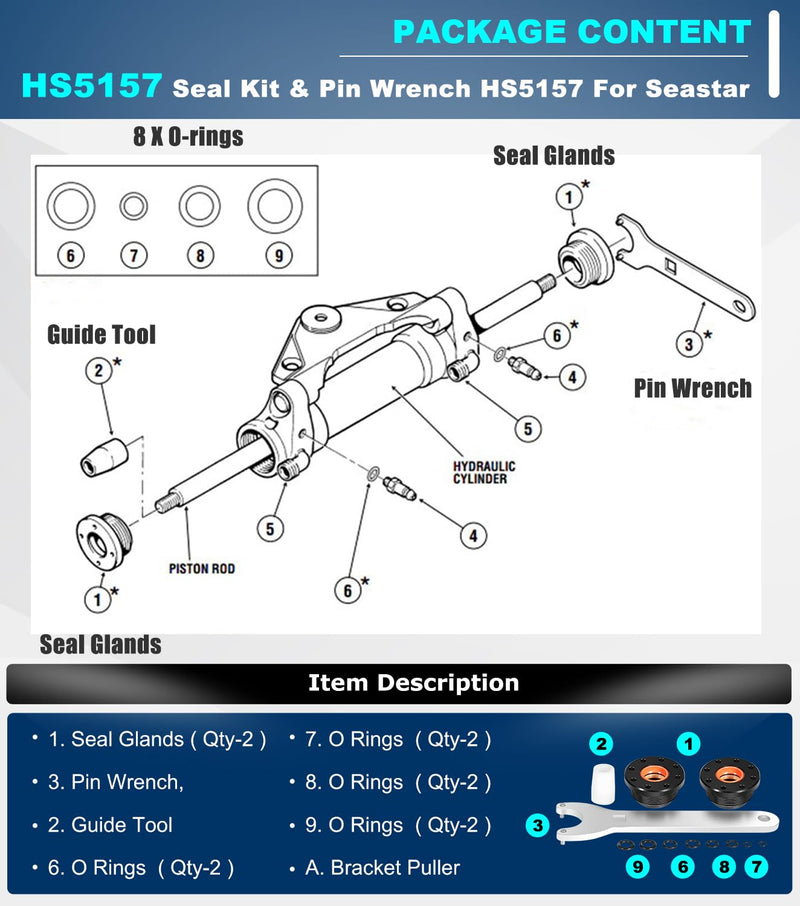 Camoo HC5345 Seal Kit for Seastar Front Mount Hydraulic Steering Cylinder Seal & Pin Wrench HS5157 Kit for HC6750, HC6751, HC5340, HC5341, HC5342, HC5343, HC5344, HC5346, HC6754, HC6755