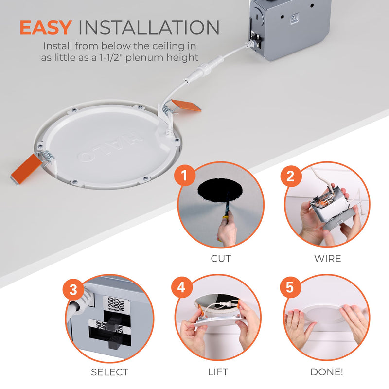 HALO HLB 6 in LED Recessed Lighting Canless Dimmable Wet Location Selectable Lumens and Selectable Color 27/30/35/40/5000K Indoor Outdoor Soffit Ceiling Downlight HLB6LSFS5 6 inch 1