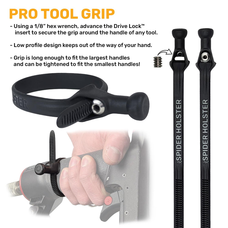 Spider Pro Tool Holster + Fall Prevention Tool Tether + 1 Pro Grip + 1 Drill Pin + 1 Adhesive Tab - Upgraded, Belt Mounted, Self Locking Holder System for Any Device