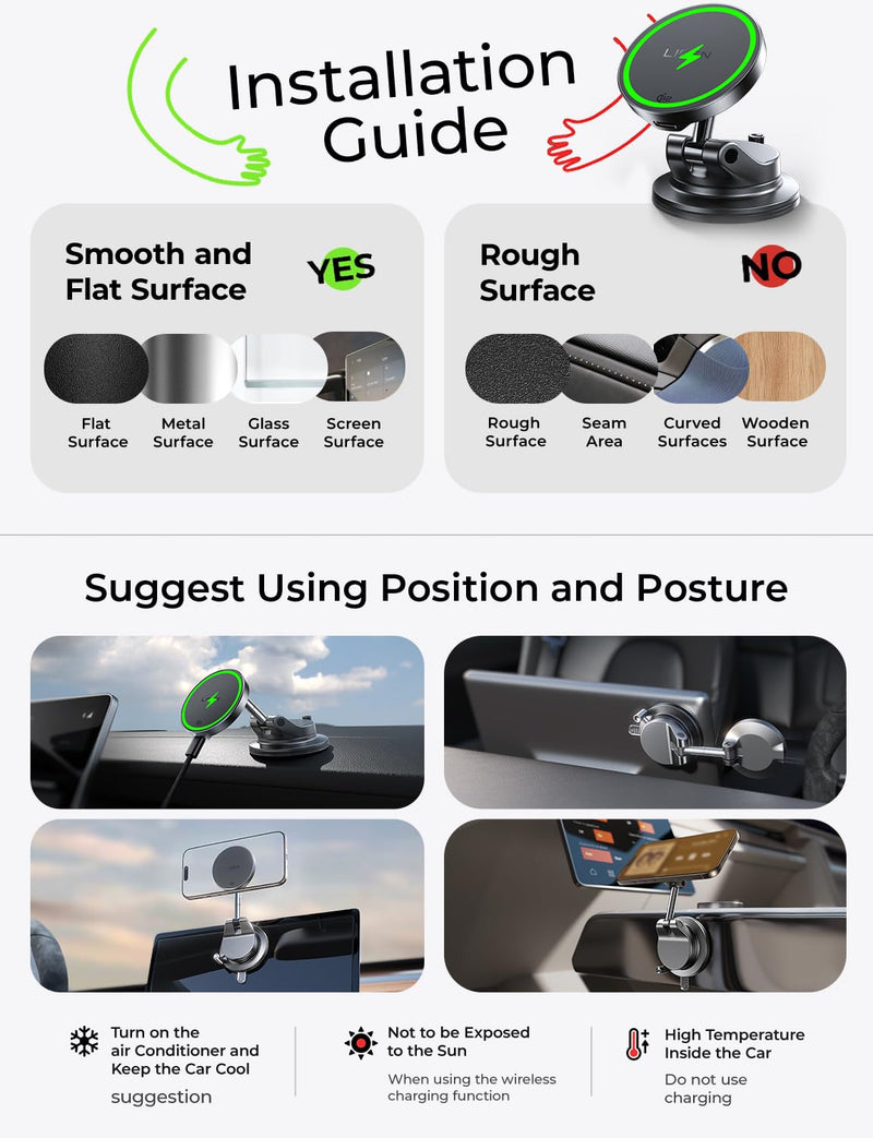 LISEN for Qi2.2 25W MagSafe Car Mount Charger,Magnetic Wireless Car Charger | [With 54W Adapter] Vacuum Suction Car Phone Mount, 360° Magnetic Wireless Phone Holders for Your Car, Only for iPhone 17-12 Black