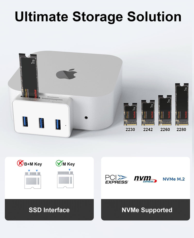 Mac mini M4 Dock with NVMe SSD Enclosure - Aluminum 6-in-1 Hub for Mac mini M4/M4 Pro 2024 with M.2 NVMe SSD Slot, 3X USB 3.0 Ports, SD & MicroSD Card Readers, 10Gbps Data Transfer in Silver