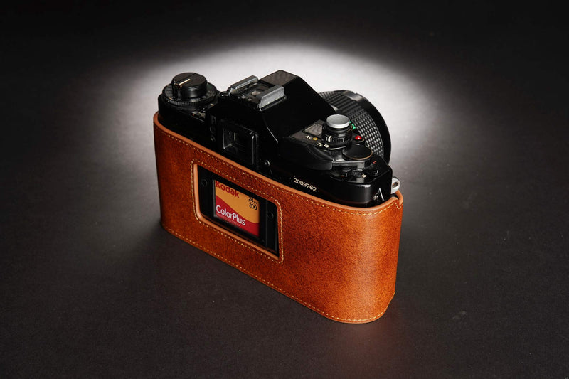 A-1 Case, BolinUS Handmade Genuine Real Leather Half Camera Case Bag Cover for Canon New AE-1 AE-1P A-1 (with Handle) Camera with Hand Strap (LavaBrown) LavaBrown