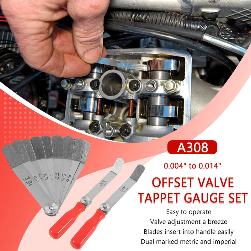 A308 Offset Valve Tappet Gauge Set Premium 11-Blade Feeler Gauge Kit Sizes from 0.004" to 0.014" Includes Two Red Handles