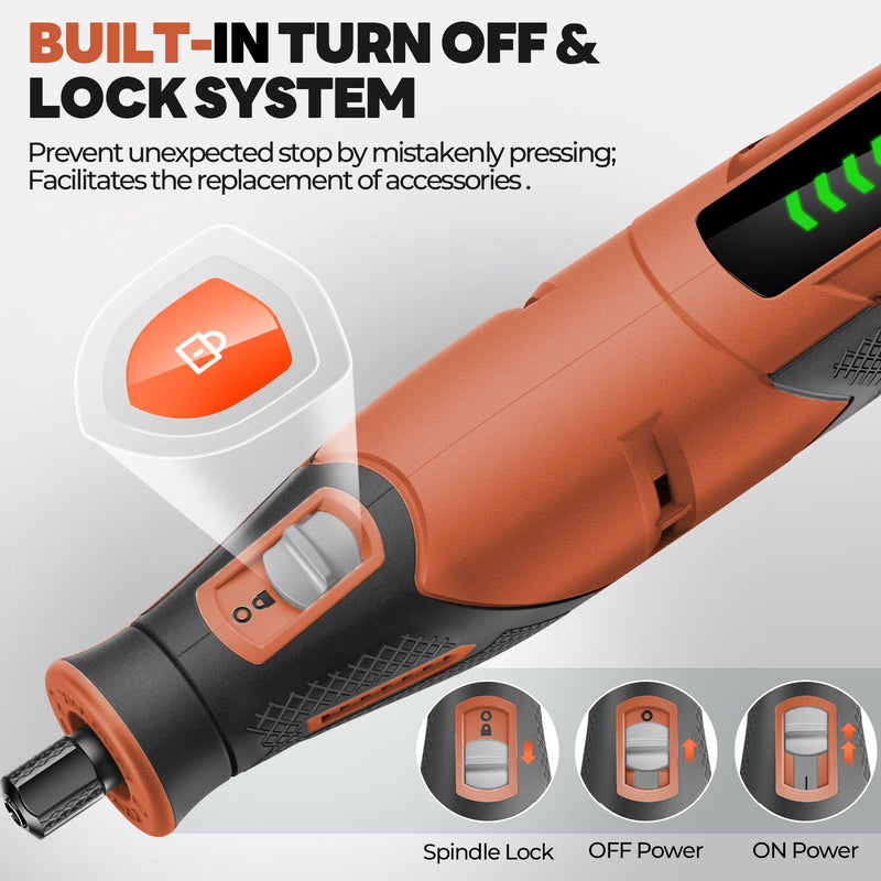 Rotary Tool - 4V Rotary Tool Cordless, Rotary Tool Accessories 64 PCS 2500mAh Battery, Preset 5 Speed Adjustment Grinder Tool for Cutting Sanding Carving Polishing Engraver DIY Crafts (Orange) Orange