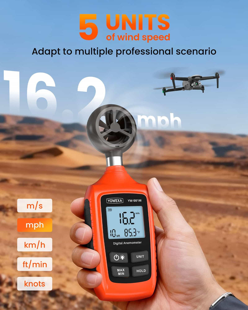 Digital Anemometer, YOWEXA Portable Wind Speed Meter with Backlight Screen, Air Flow Tester Supports Wind Chill Alert, Wind Checkers for Hunting HVAC Drone Sailing Golf Shooting Basic