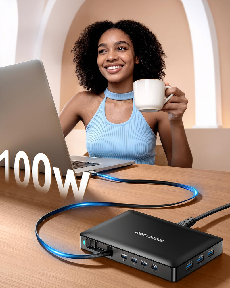 Rocoren 560W 8‑Port Ultra‑Thin USB‑C Station with Retractable Cable | 100W PD Fast Charger Hub, Multi‑Device Charging Block for MacBook Pro/Air, iPad, iPhone 17/16/15 & Samsung Devices