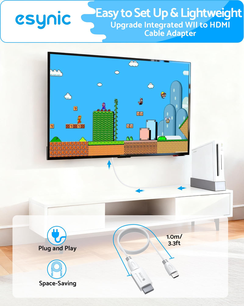 eSynic Wii to HDMI Adapter 1080P-Portable HDMI Converter for Nintendo Wii/Wii U to HDTV-Includes HDMI Cable-Plug & Play-Supports 480p/720p/1080p –Perfect for Family Game Night with Kids