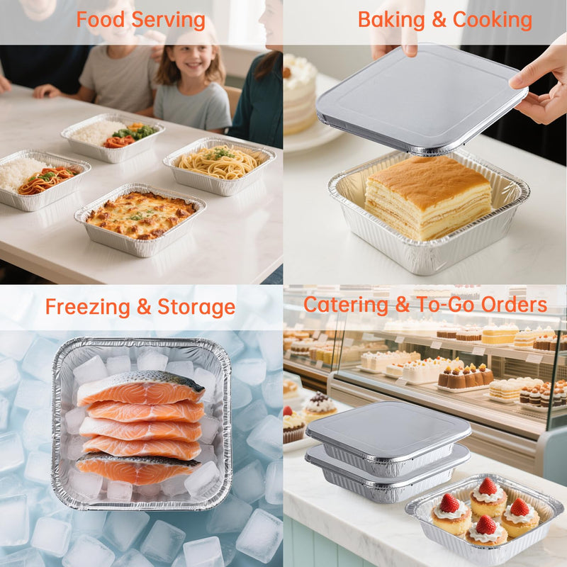 50 Pack 8x8 Aluminum Pans with Lids, 8x8 Foil Baking Pans with Lids | Heavy-Duty Aluminum Foil Pans with lids, Disposable Food Containers for Cake Baking, Cooking, Heating, Storing& Meal Prepping 50 Pack with Lids