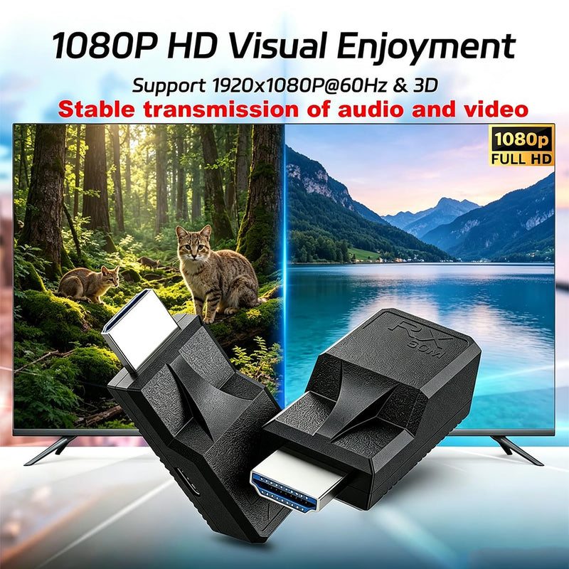 HDTV Extender Over Single Ethernet Cat5e/6 Cable,Support 196ft/60M HD audio and video 1080P@60H stable transmission,HDMI Male to Male RJ45 Network LAN Converter Repeater,for PC,PS3/4,Projector,Monitor