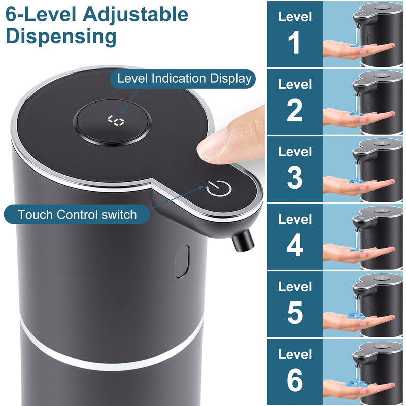 Automatic Soap Dispenser, Hand Soap Dispenser 12.8oz/380ml Smart Rechargeable, Black Soap Dispensers with 6-Level Touchless, Wall Mounted or Countertop Dish Soap Dispensing for Bathroom & Kitchen