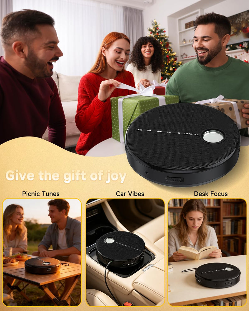 Portable Bluetooth CD Player with Anti-Skip, Stereo Speakers & Headphones | A-B Repeat, PROG Memory, 10 Playback Speeds, AUX input, Small Personal Walkman CD Players for Home, Car & Travel, Ideal Gifts