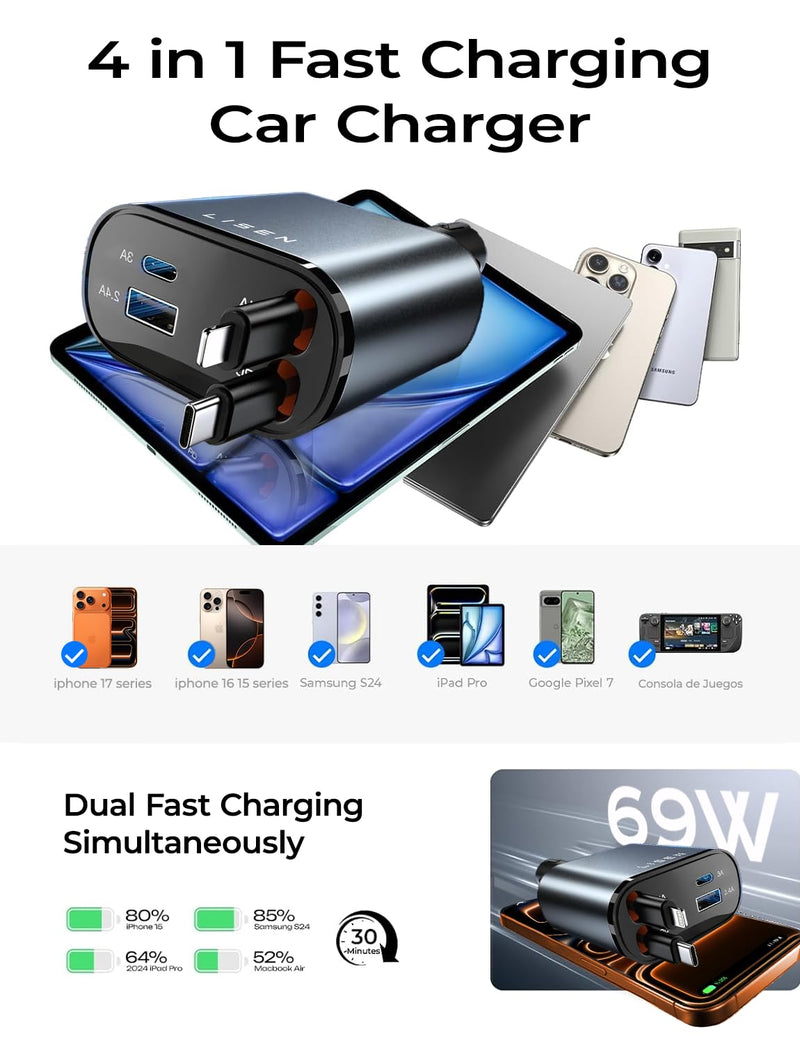 LISEN Retractable Car Charger, [2026 Upgrade 50 inch ] Long 4 in 1 Retractable Cable Car Charger, USB C Car Charger Fast Charging for iPhone 17 16 15 14 13 12 11 X Pro Max Plus Mini, Samsung S26 | Multiple Ports Car Charger, Retractable Car Charger Fas...