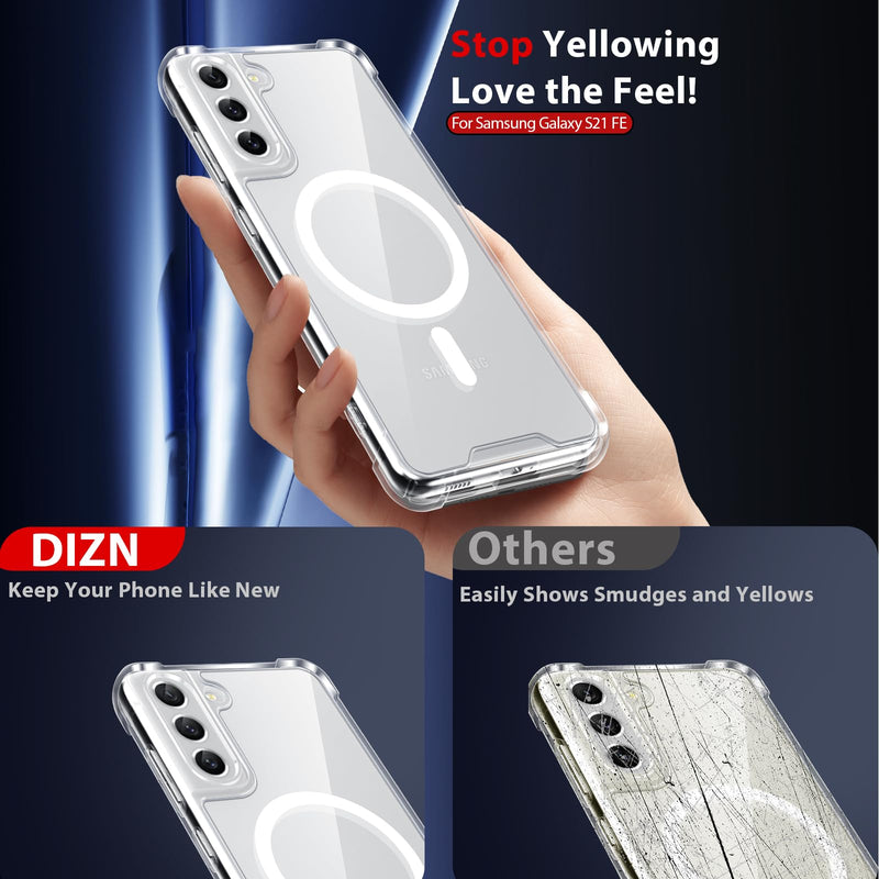 Dizn for Samsung Galaxy S21 FE Phone Crystal Case: 2 Tempered Glass & 2 Camera Lens Protector,[Antil-Yellow], Reinforcde Comers,Compatible with Magsafe,with Strap,Shockproof Magnetic Case S21FE,Clear Clear