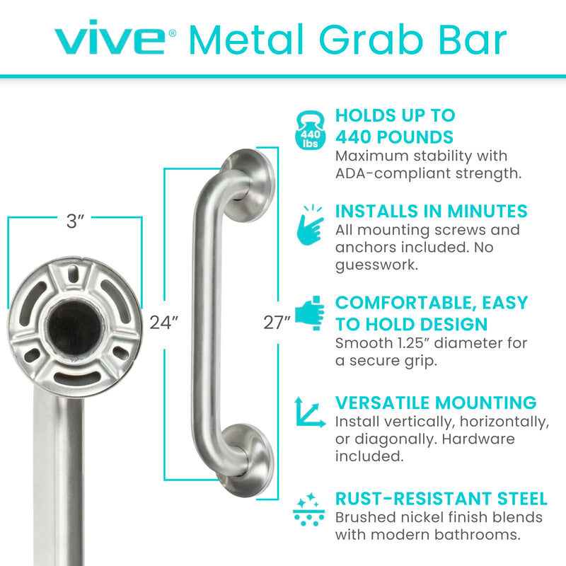 Vive Grab Bar for Bathtubs and Showers - Handicap Bathroom Safety Handrail for Elderly - Wall Senior Rail Handle for Tub, Toilet, Bath 24" (Inches) Brushed Nickel