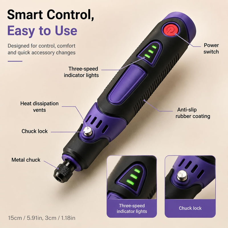 Cordless Rotary Tool Kit, 3.6V Mini Rotary Tool with 82 Accessories, 3 Variable Speed Rechargeable Engraving Pen & Electric Grinder for Wood, Glass, Metal Drilling, Sanding, Polishing Purple (Indicator Light)