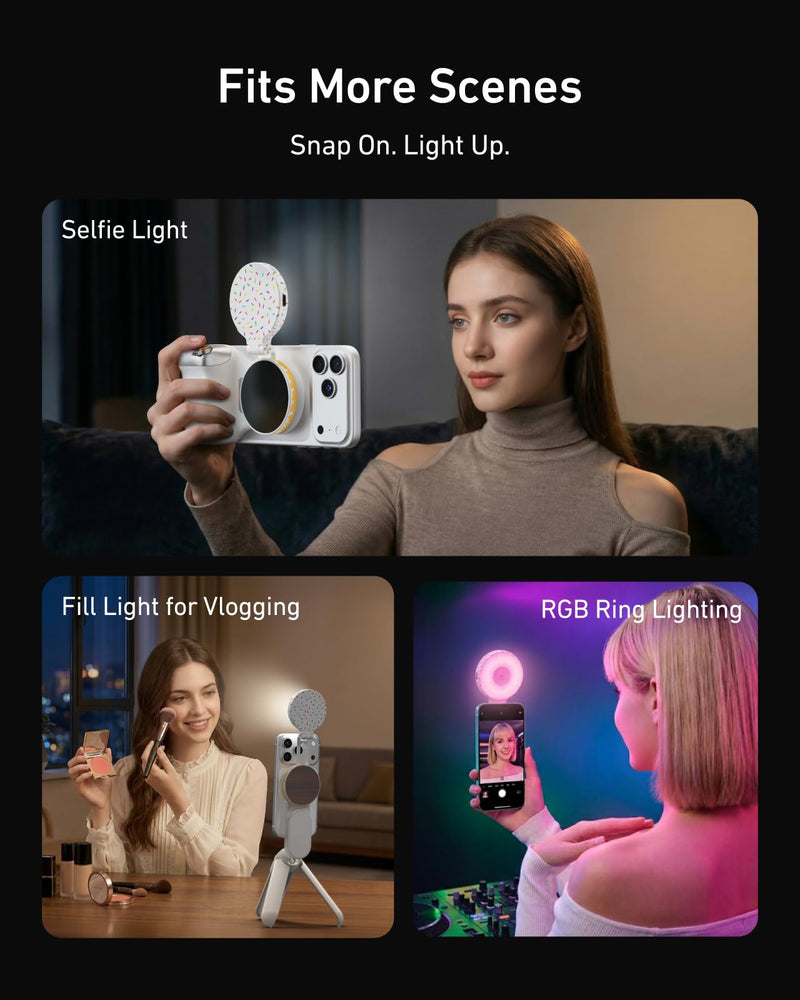 TELESIN Magnetic Selfie Light for iPhone Magsafe and Android | 360° Rotating Full Color RGB Phone Light with Mirror & Stand, LED Selfie Ring Fill Light for Pictures, TikTok, Vlog, Makeup