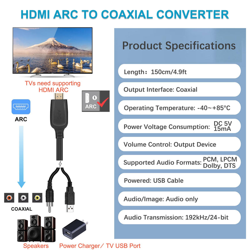 192KHz HDMI eARC/ARC to Coaxial Audio Converter for TV to Soundbar, Plug & Play 4.9ft/1.5m ARC to Coaxial Cable Audio Extractor Adapter Splitter for Sound System Home Theater Support Dolby/DTS 5.1
