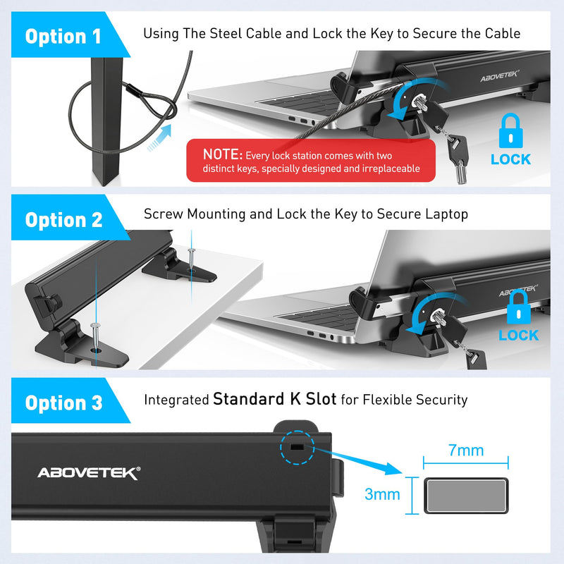 AboveTEK MacBook & Surface Laptop Locking Station with Combo Lock Cable, Anti Theft Folding Security Laptop Desk Mount, Adjustable & Portable, Fits 12"-16" Laptops/Notebooks (Black)