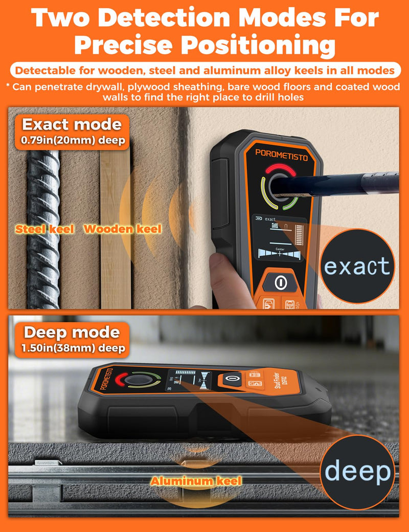 Rechargeable 6 in 1 Stud Finder Wall Scanner POROMETISTO, Positioning Hole for Pipe Wood Studs, Live Wire Detector for Electricians, Ferrous Metals Non-Ferrous Metals, Alarm Wall Detector