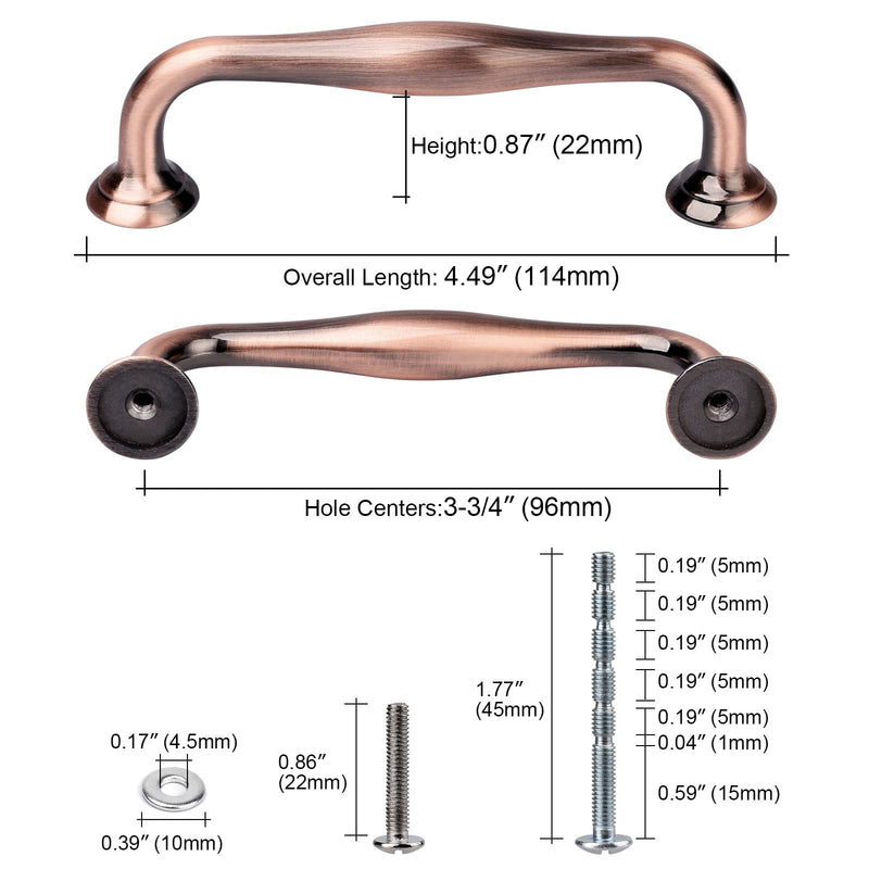 WEAVERBIRD 6 Pack Cabinet Handles Red Copper 3-3/4" Hardware Pull Handles, Antique Dresser Drawer Pulls 96mm Furniture Drawer Pulls 96 mm