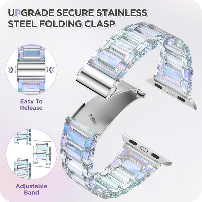 DABAOZA Compatible for Clear Apple Watch Band with Case, Women Girl Resin Lightweight Sport Strap Glitter Bling Bumper Cover with Stainless Steel Buckle for iWatch Band SE Series9/8/7/6/5/4/3/2/1 Colorful Clear 45mm/44mm/42mm