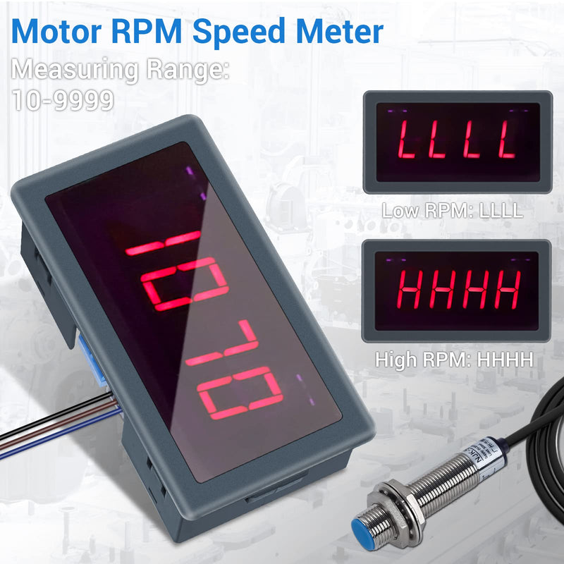 ICSTATION 4 Digital Red LED Tachometer RPM Speed Meter AC 110V-230V Digital Motor Tachometer with Hall Proximity Switch Sensor NPN for Lathe Conveyor Belt