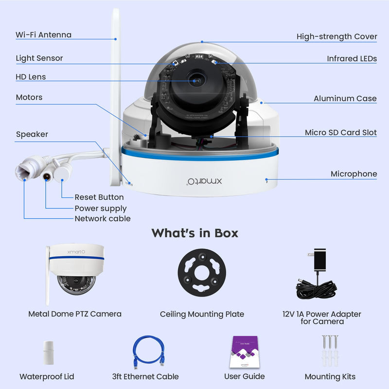 xmartO [AI Tracking Dome CAM 2K HD Metal Dome PTZ Wireless Security Camera with Automatic Tracking, 2-Way Audio and Night Vision (Standalone WiFi Camera, Works with WiFi Router Only) SINGLE