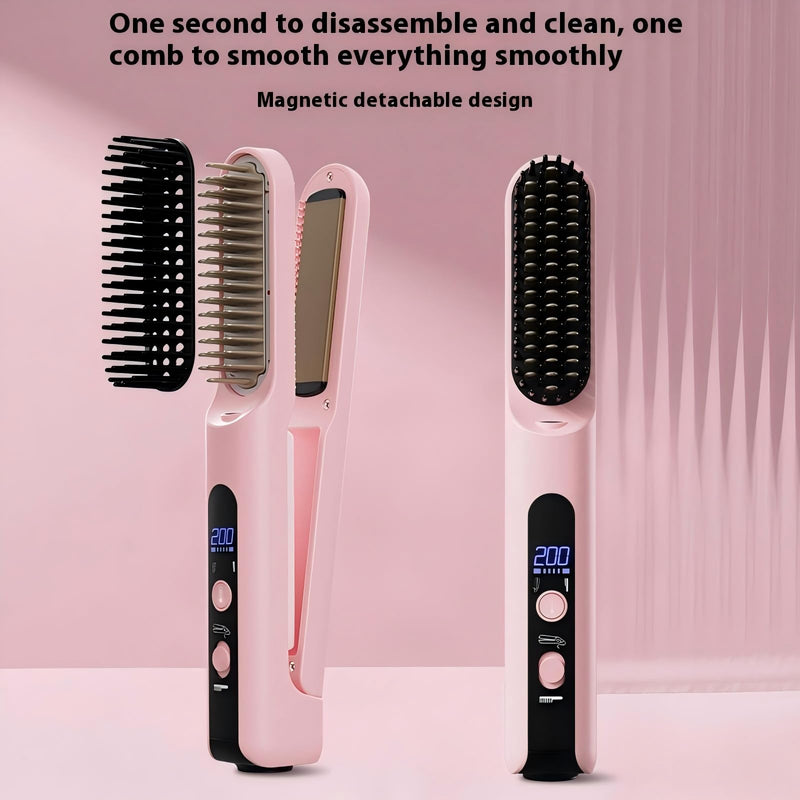  [AUSTRALIA] - Hair Straightening Brush, Cordless Tyre Straightening Brush | 2 in 1 Negative Ion Straightening Iron, Special Ionic Straightener Comb for Frizzy and Kinky Hair, Travel and Home (Black) Black