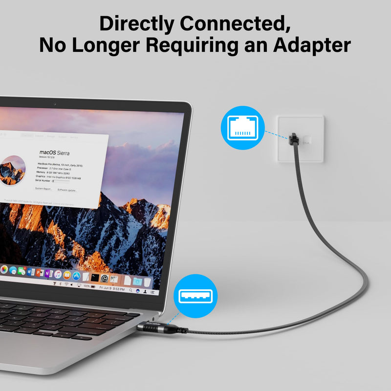 Flat USB to Ethernet Cable 15 FT, USB 3.0 A to RJ45 Thin Cord, Directly Connected, Aluminum, Braided, OFC, USB to RJ45 Gigabit LAN Network Cable for Laptop, PC, Switch and More, OD: 0.8in x 0.25in 15 Feet USB A to Ethernet