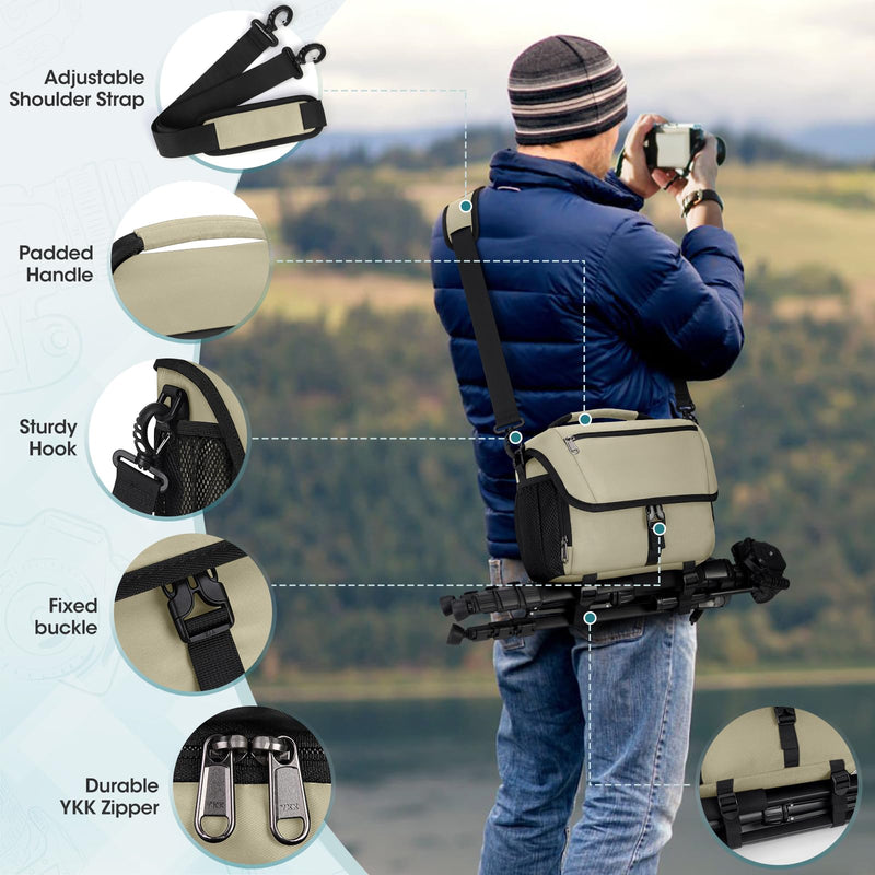 RAINSMORE Camera Bag, DSLR SLR Mirrorless Camera Case for Photographer | Waterproof Camera Sling Bag with Rain Cover & Tripod Holder Soft Padded Crossbody Camera Bag for Sony Canon Nikon Fujifilm Khaki M